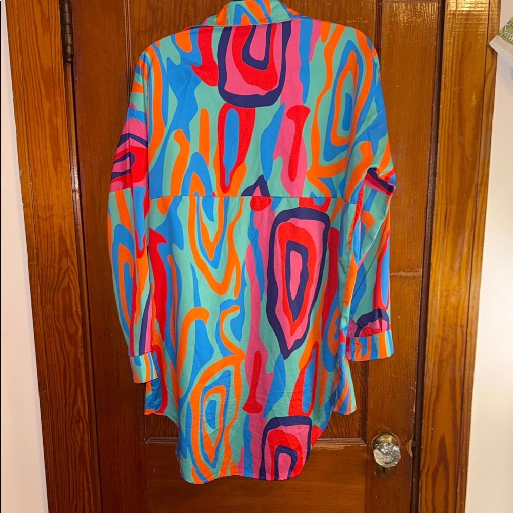 Colorful Womens Button Down Collared Long Shirt Mini Dress - Picture 3 of 11